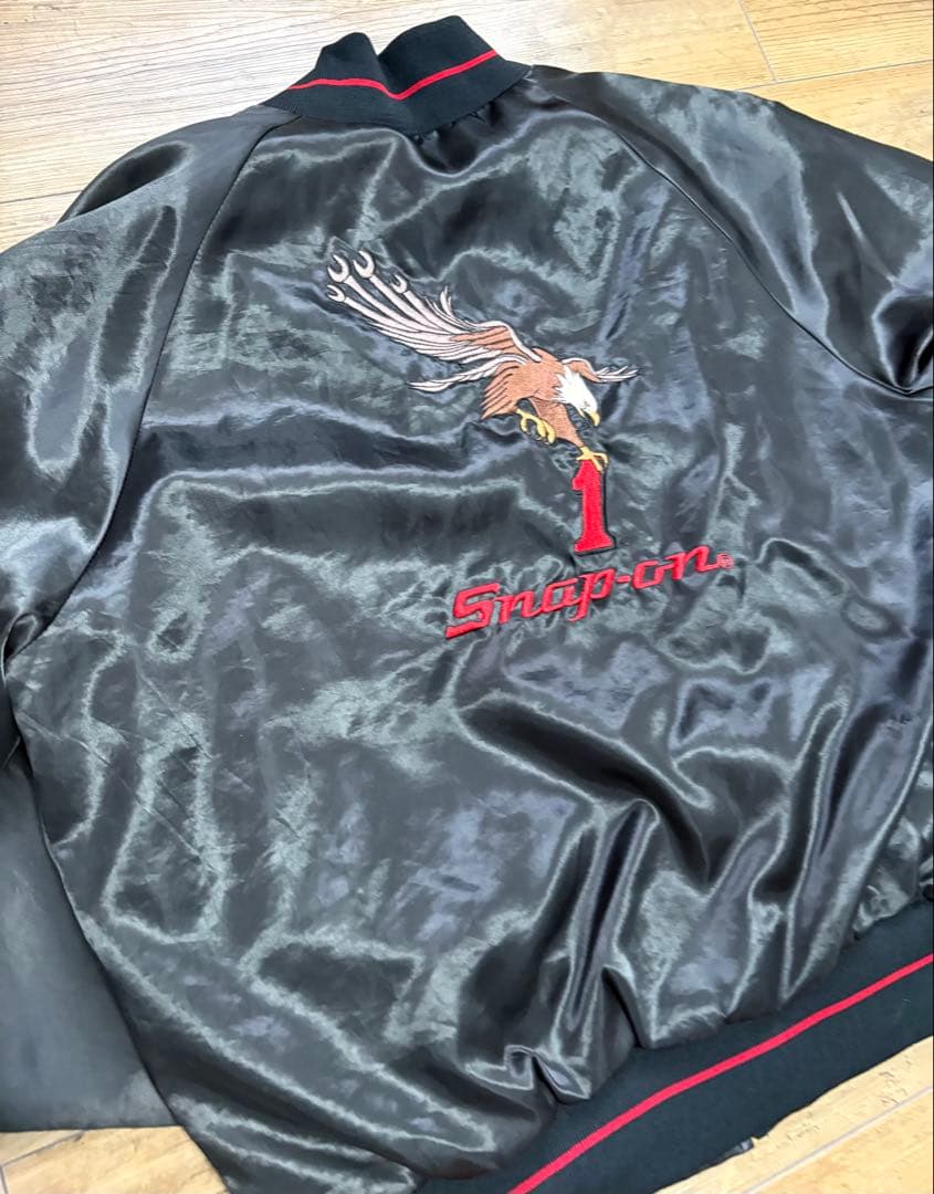 USA製 Snap-on 刺繍 サテンジャケット ラグラン ブラック M