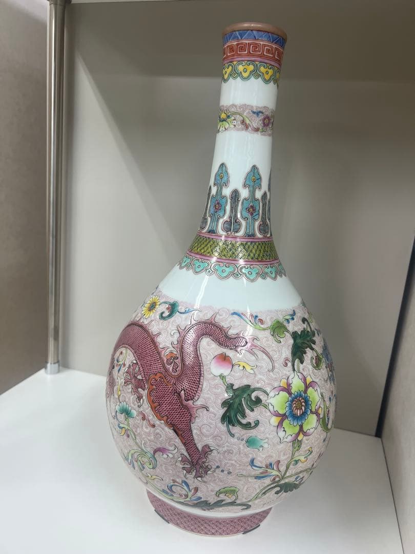 中国乾隆年製長頸瓶骨董唐物アンティーク古美術江戸青磁手描きドラゴン模様の陶器瓶