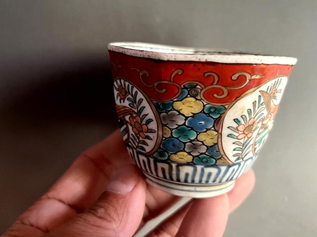 蕎麦猪口■古伊万里赤絵 江戸中期鉢 鳳凰花鳥文向付 幾何学的襷文様 時代骨董■