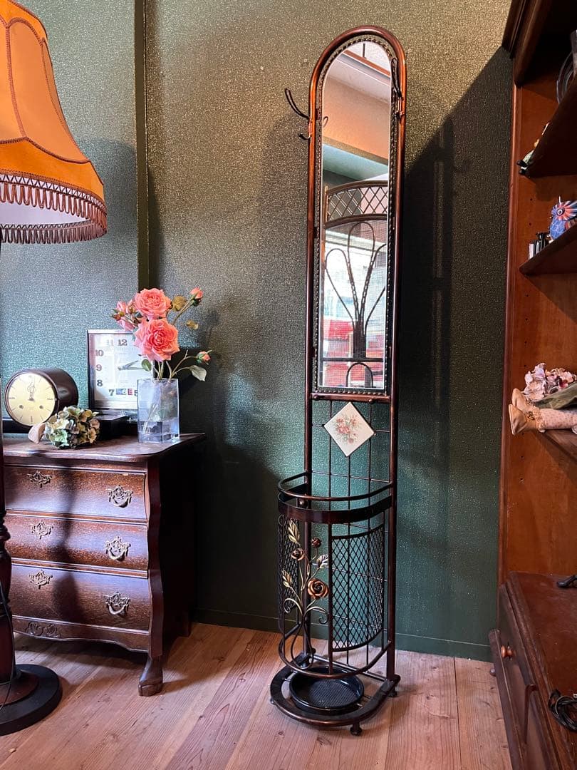 蘭世＊アイアン 傘立て ミラー 全身鏡 ローズ 薔薇 アンティーク