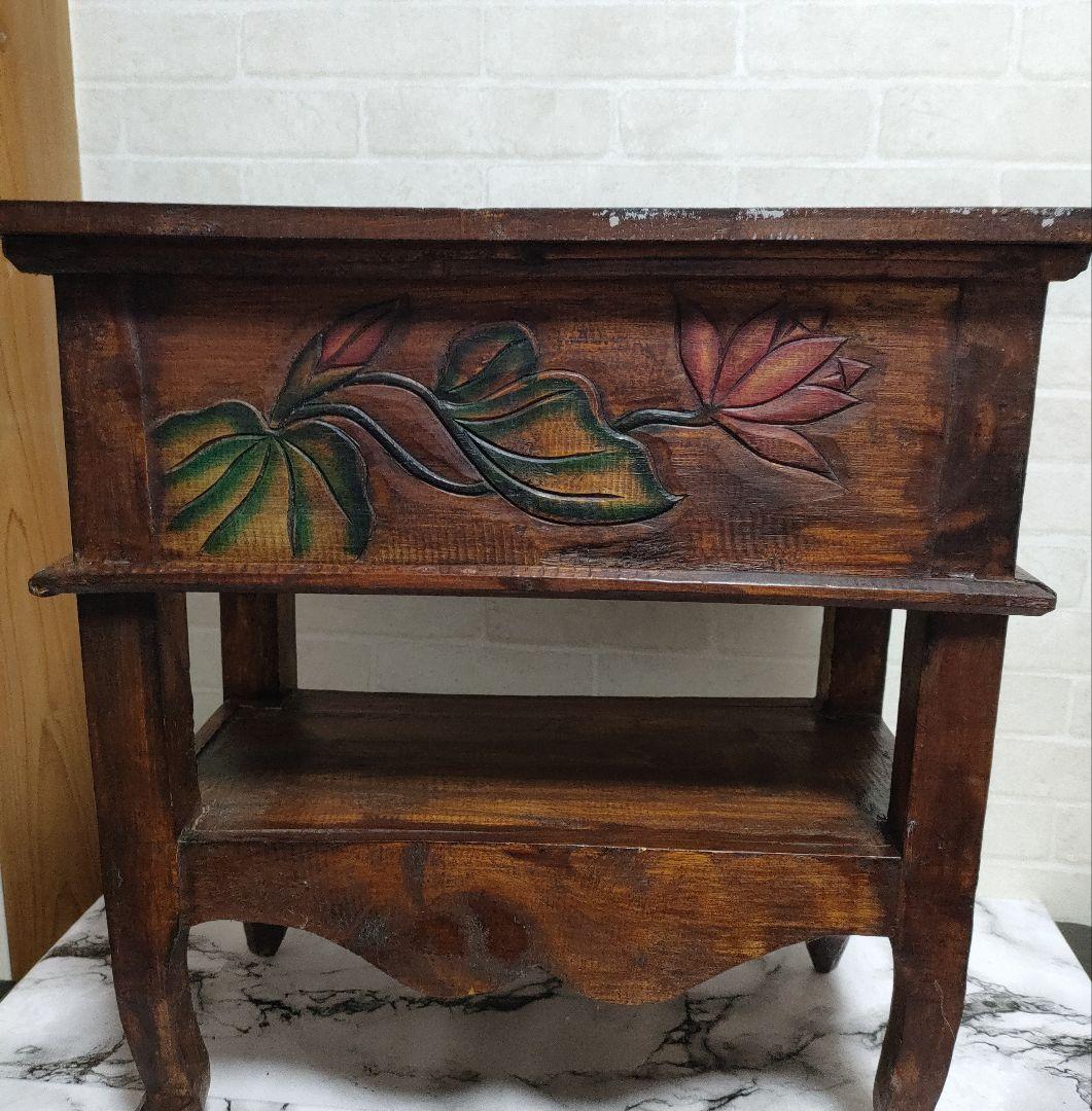 アジアン家具 バリ島 ロータス柄 木製 チェスト サイドテーブル 猫脚