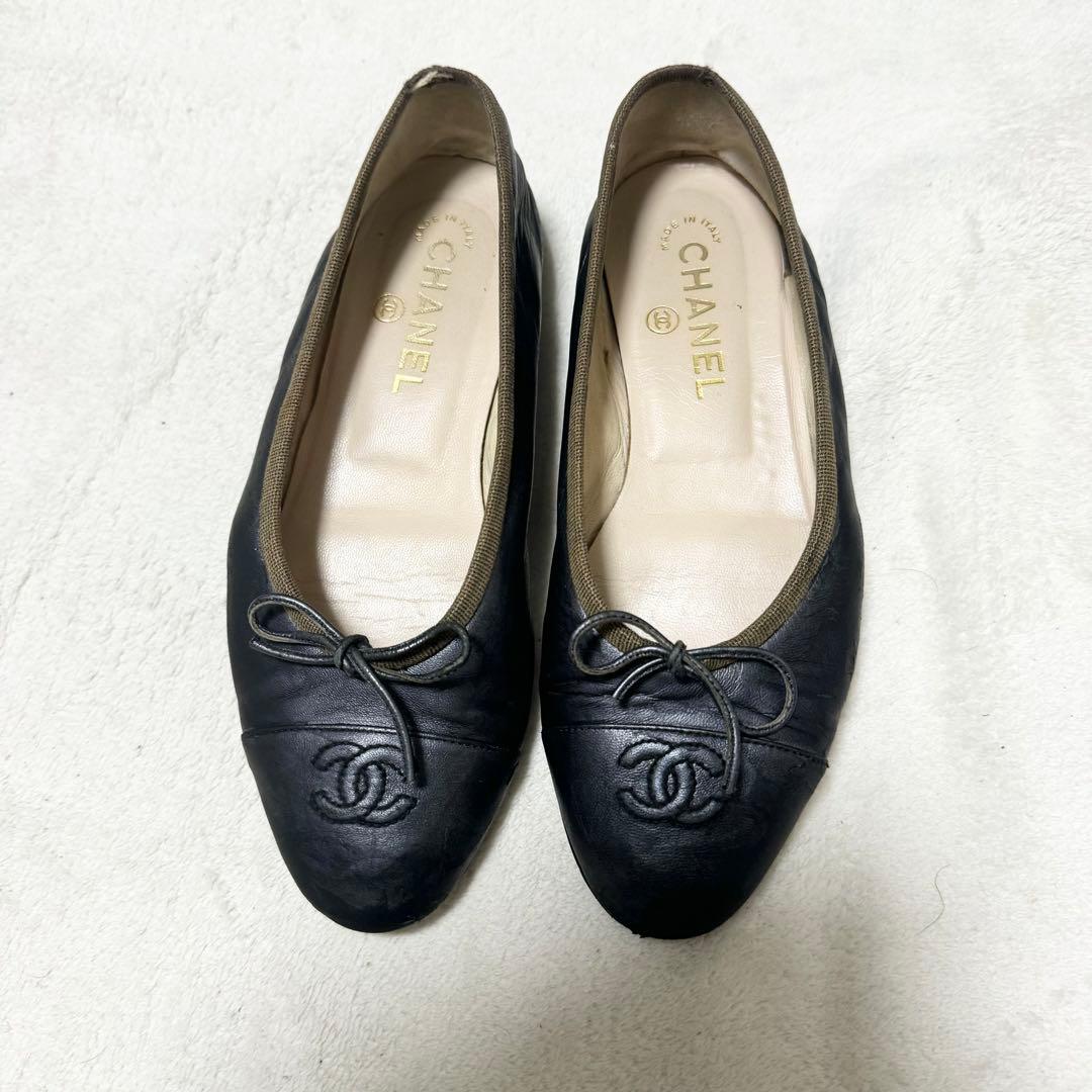 CHANEL シャネル　ブラックバレエシューズ　22cm ブラック　レザー　黒