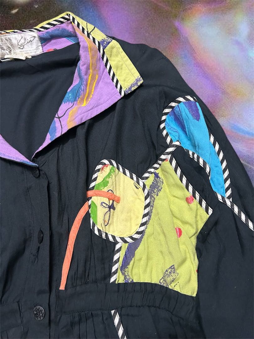 80s★ヴィンテージ★ジャンプスーツ★パッチワーク 黒 つなぎ 紙タグ