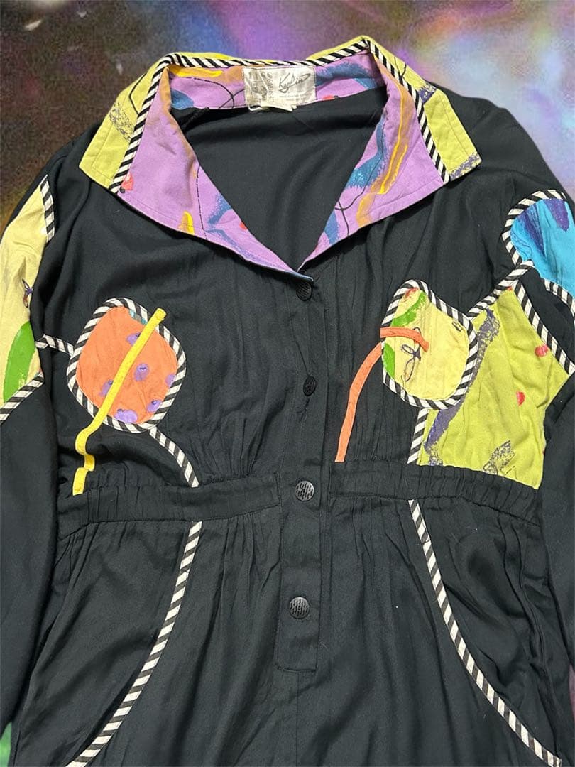 80s★ヴィンテージ★ジャンプスーツ★パッチワーク 黒 つなぎ 紙タグ