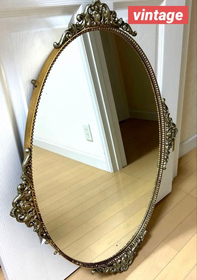 ★vintageミラー鏡アンティーク調 ウォールミラー 壁掛け 楕円大型 美容室