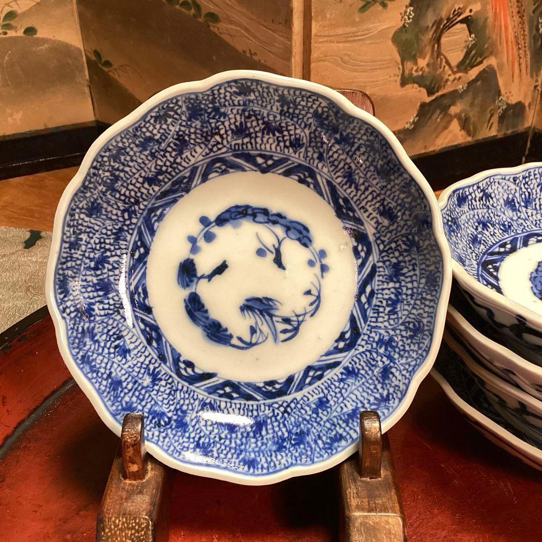 A929 古伊万里　染付　微塵唐草　萩唐草　輪花型中皿　浅鉢　　5枚