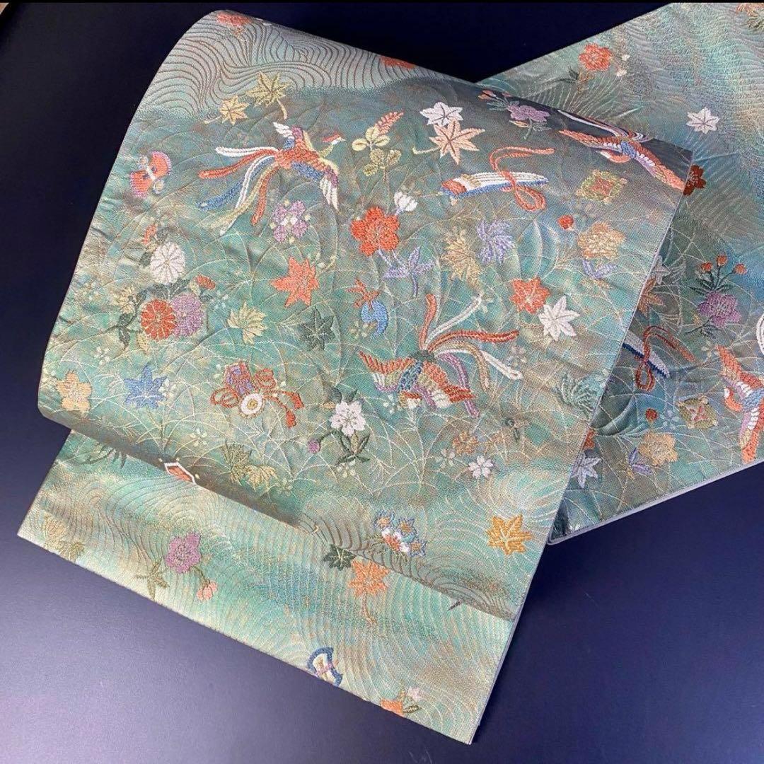 ZY-695 袋帯 鳳凰 宝尽くし 丁子 鼓 琴 楽器文様 六通 名品 珍品