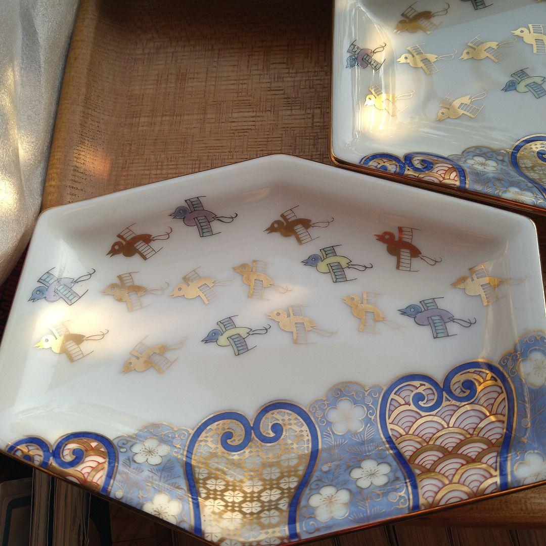 【未使用】有田焼 其泉賞美堂金彩色絵千鳥祥瑞長角皿５枚セット銘々皿古伊万里