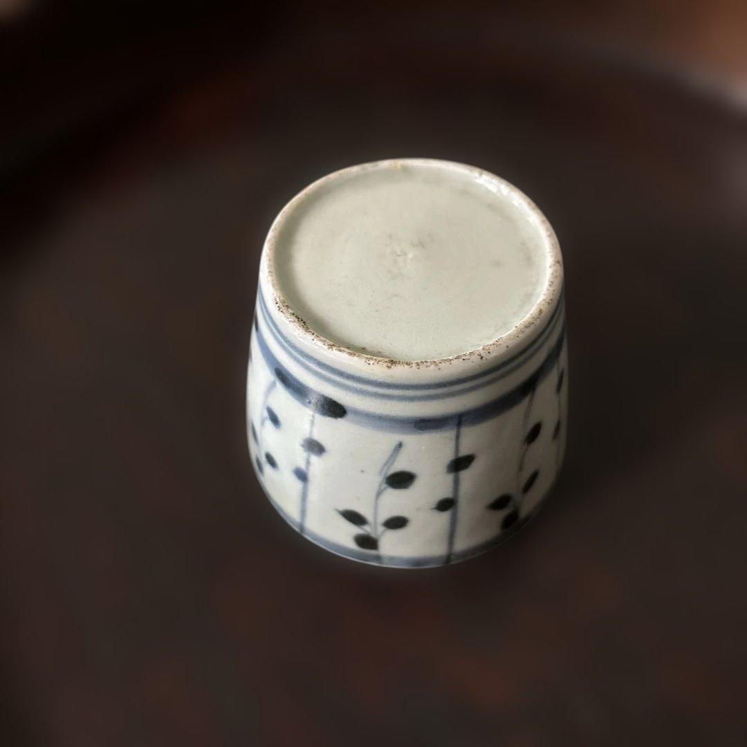 古伊万里染付　格子縞　蔓草文　⑤蕎麦猪口　江戸初期前期　アンティーク　白磁　李朝