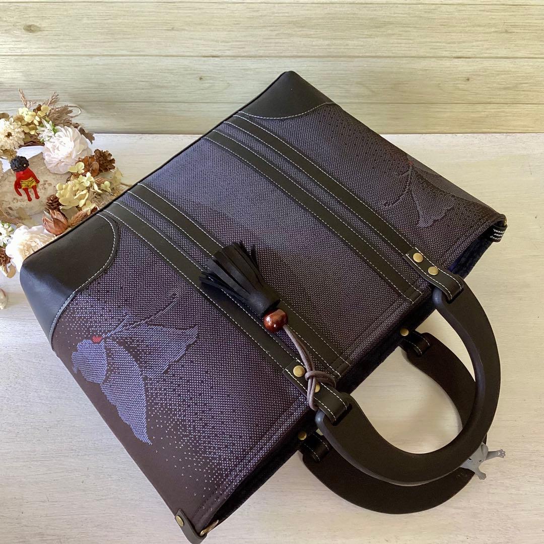 着物リメイク 大島紬 × 本革 舞蝶紋 トートバッグ ハンドメイド 和装バッグ