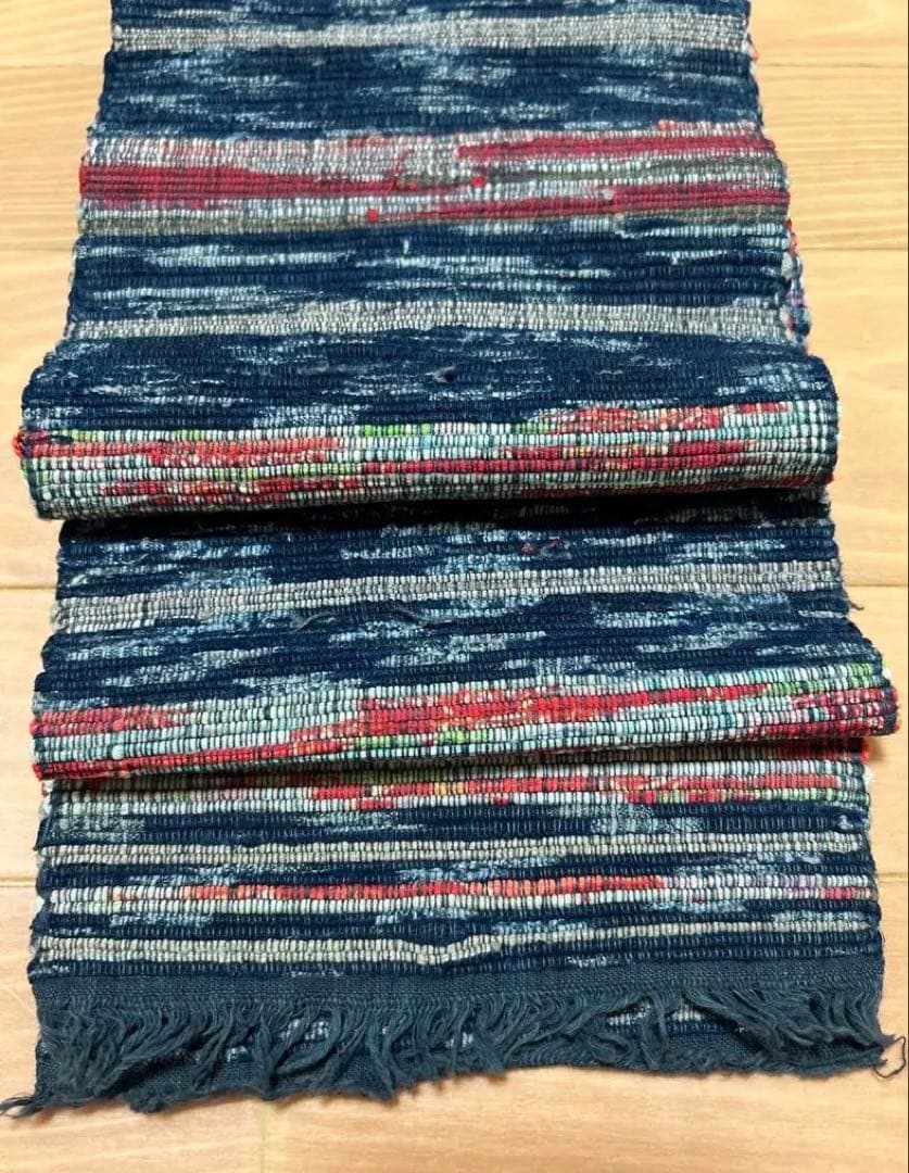 裂き織り 裂織 半幅帯 16×324 寒色 藍 赤 タペストリー　ヴィンテージ