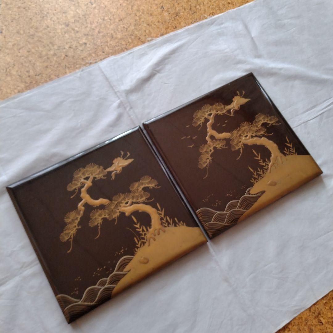 重箱5段 木製 漆器 松に鶴 翁と嫗 変え蓋付 木箱付 金彩 蒔絵 【送料込】