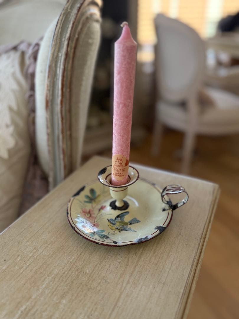 フランスアンティーク花と鳥のハンドペイントホーローキャンドルホルダー