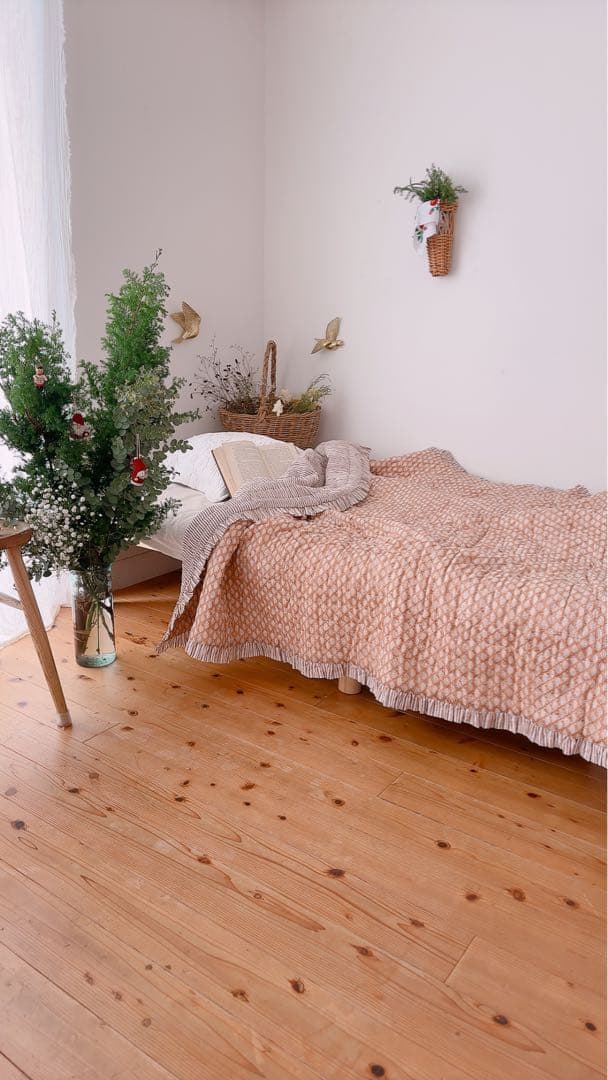 【フリルキルト】ブロックプリントキルト　布団　ソファーカバー　ベッドカバー