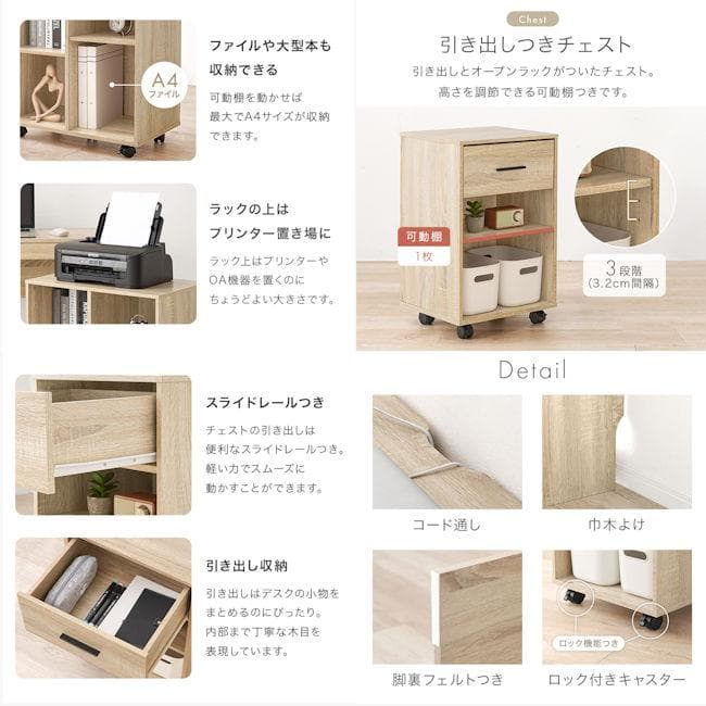 システムデスク３点セット（ キャスター付）ラック チェスト 学習机（916）