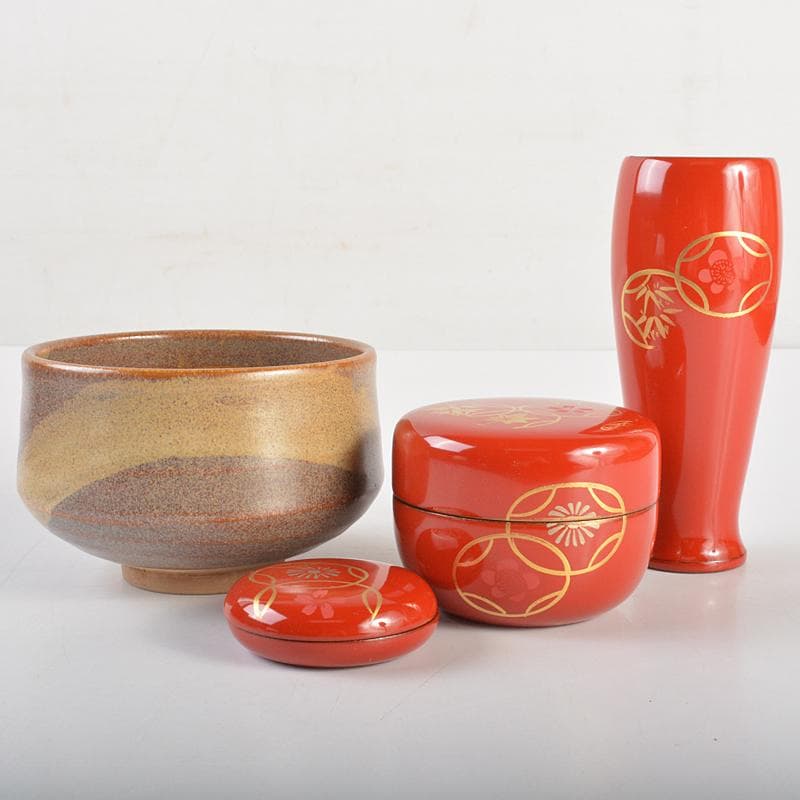 茶道具　黒面朱　利休茶箱　茶碗　継ぎ七宝蒔絵　棗など　六点一式　V　R7231