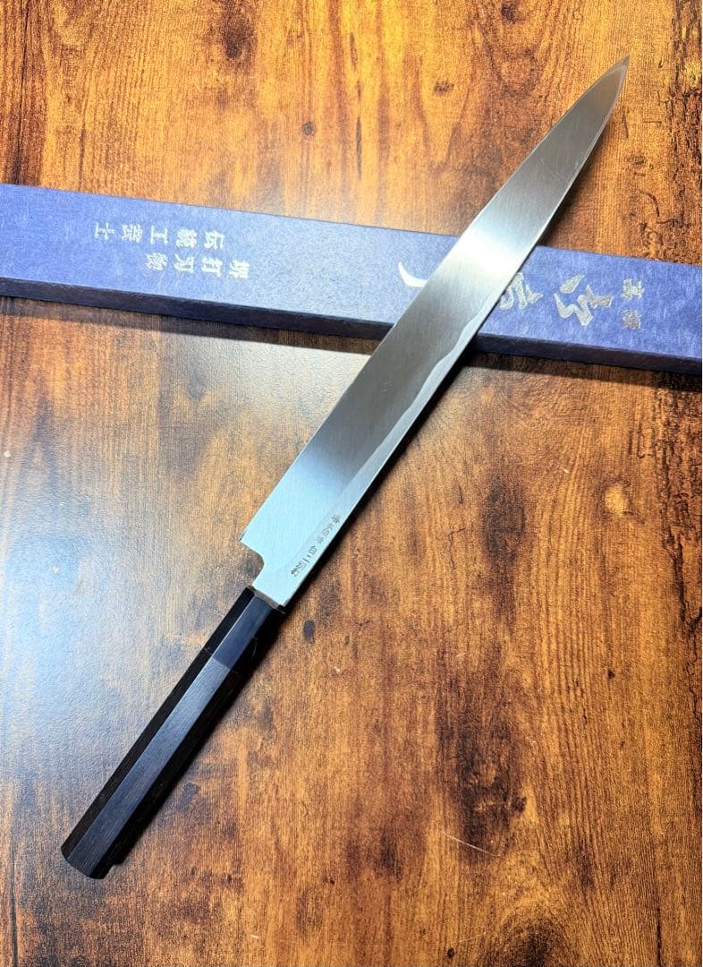 【堺打刃物】祥太郎作　刺身 柳刃 包丁 尺　白二鋼 黒檀八角水牛柄