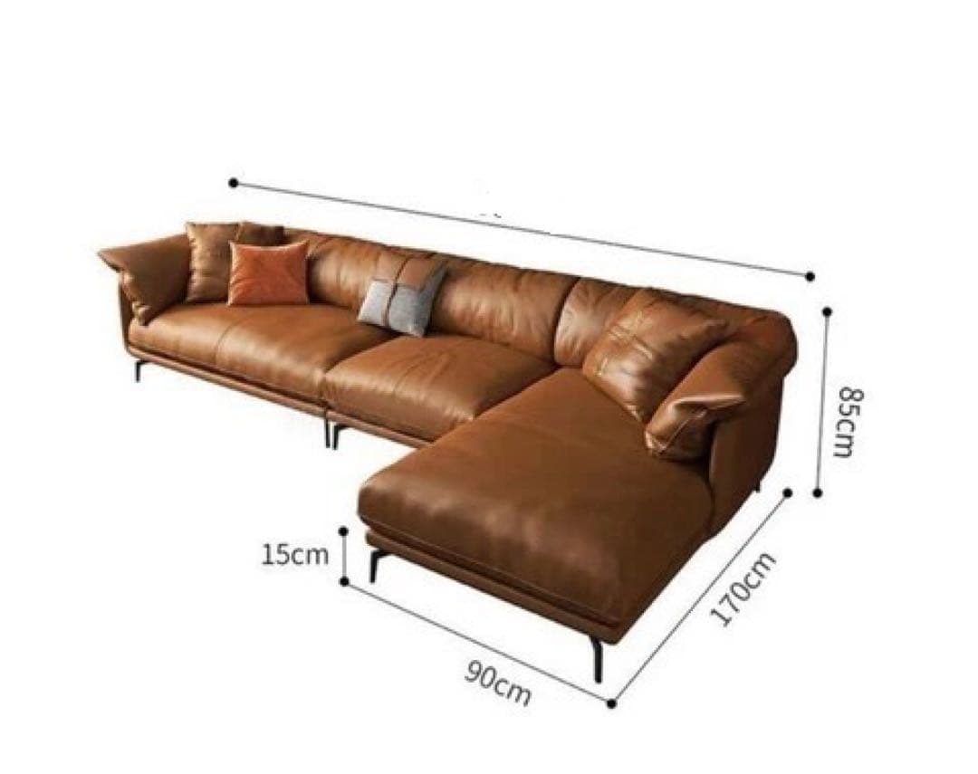 ブラウンレザーL字型ソファ　3人掛け・4人掛け