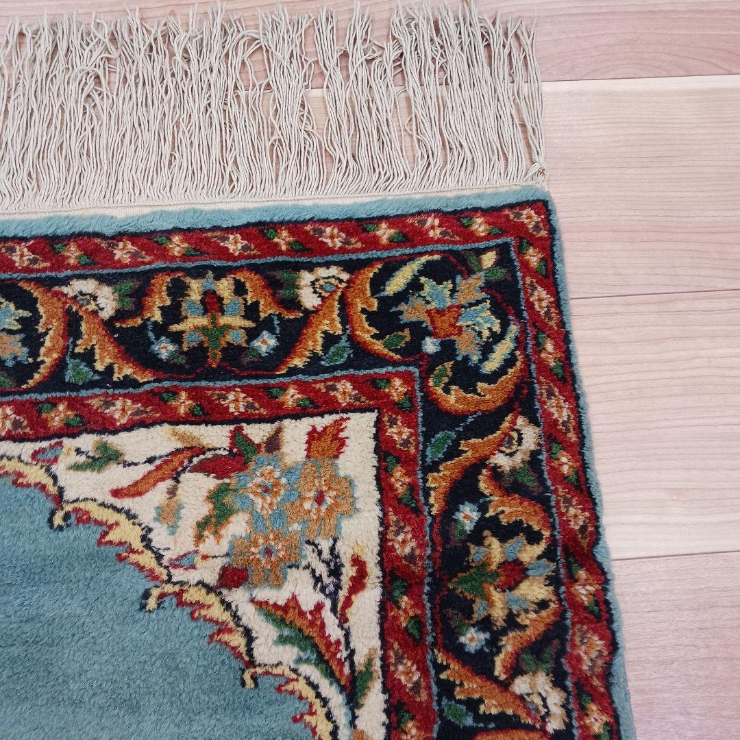 Y3318 インド カシミールウール 手織り絨毯 オールド 129×69㎝