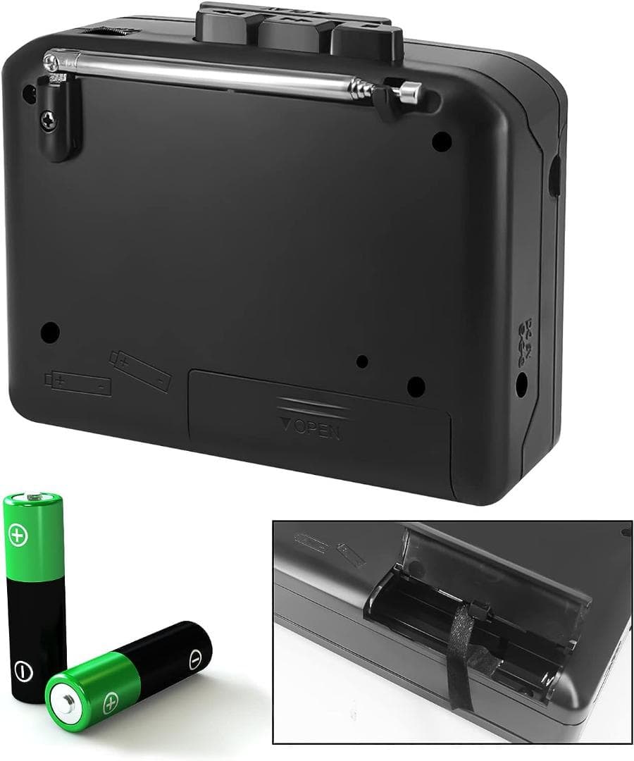 ポータブルカセットプレーヤー＆AM/FMラジオ、軽量、USBケーブル付き、黒色