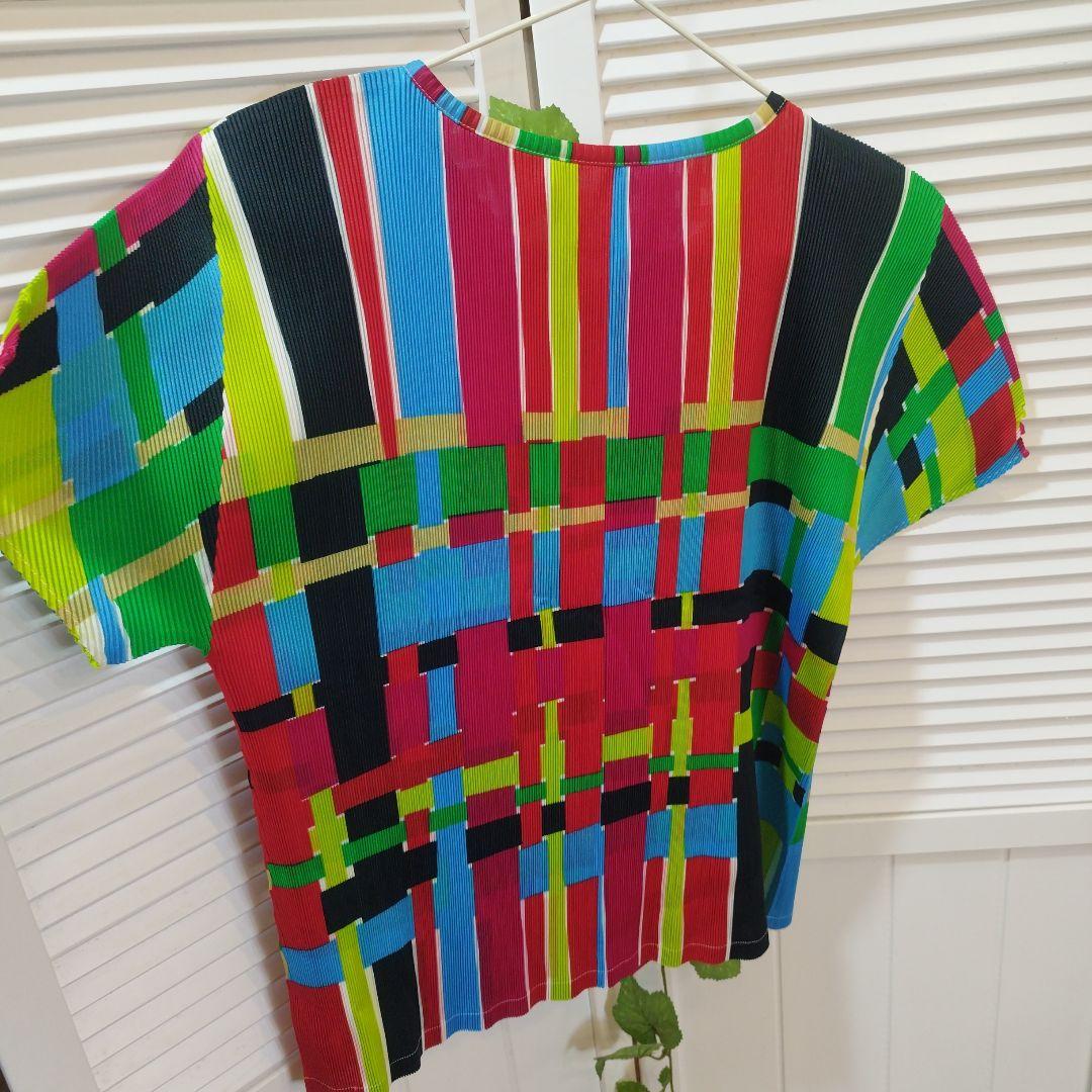 【美品】イッセイミヤケ　プリーツプリーズ　カラフルストライプ半袖トップス