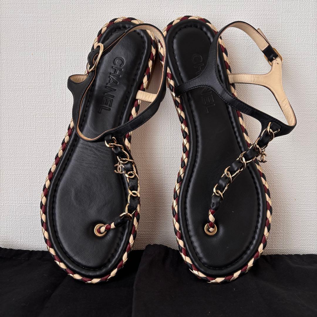 CHANEL ココマーク チェーン編み込みトングサンダル 38