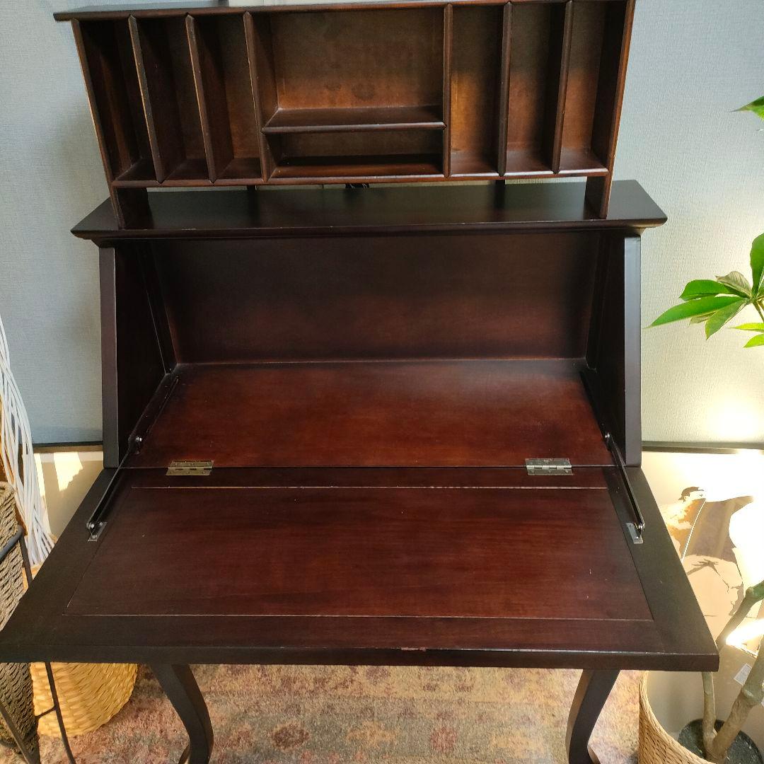 アンティーク調 猫脚ライティングビューロー 鳳凰×牡丹 彫り ダークブラウン