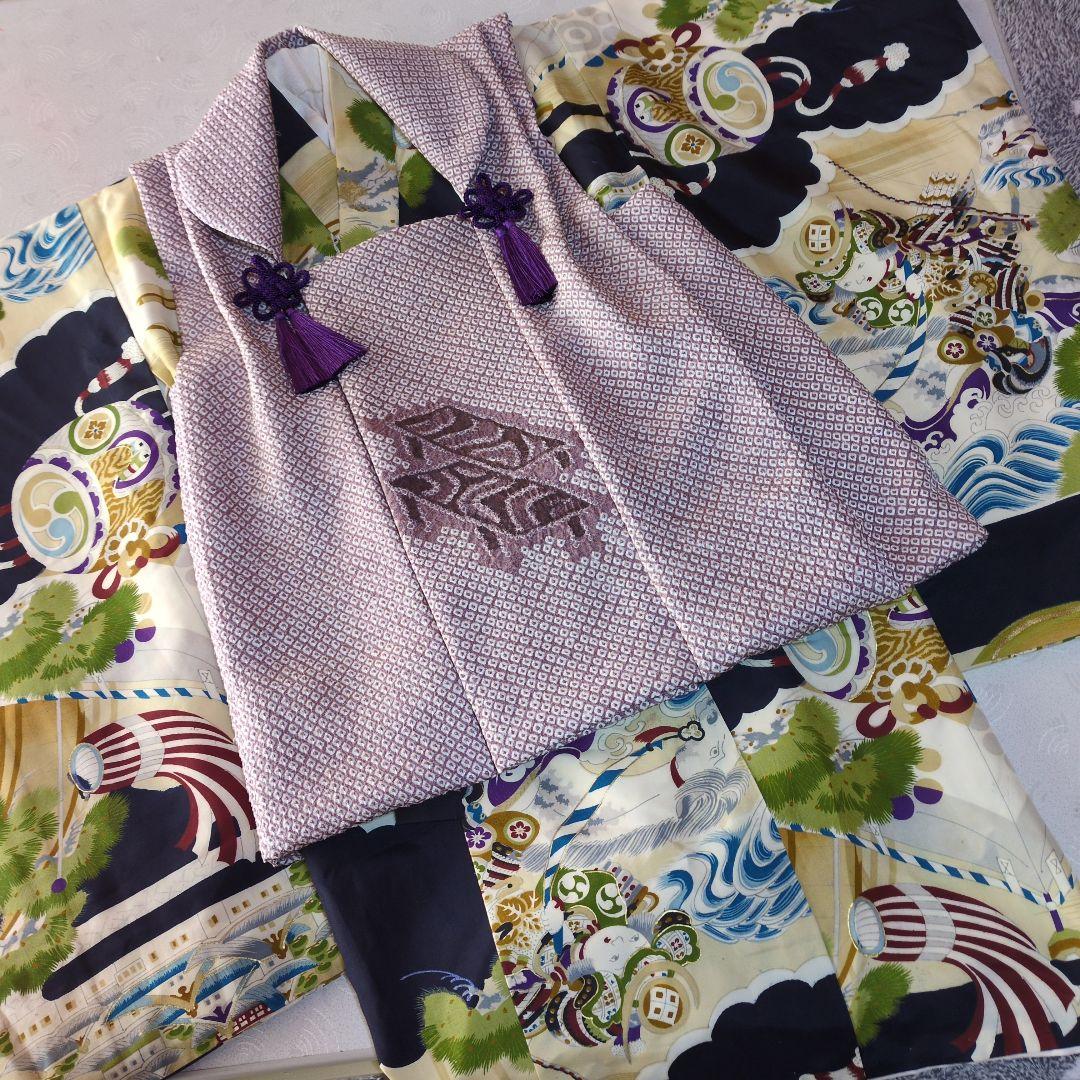 七五三３歳男の子正絹アンティーク着物と正絹総絞りの被布（長襦袢付き）