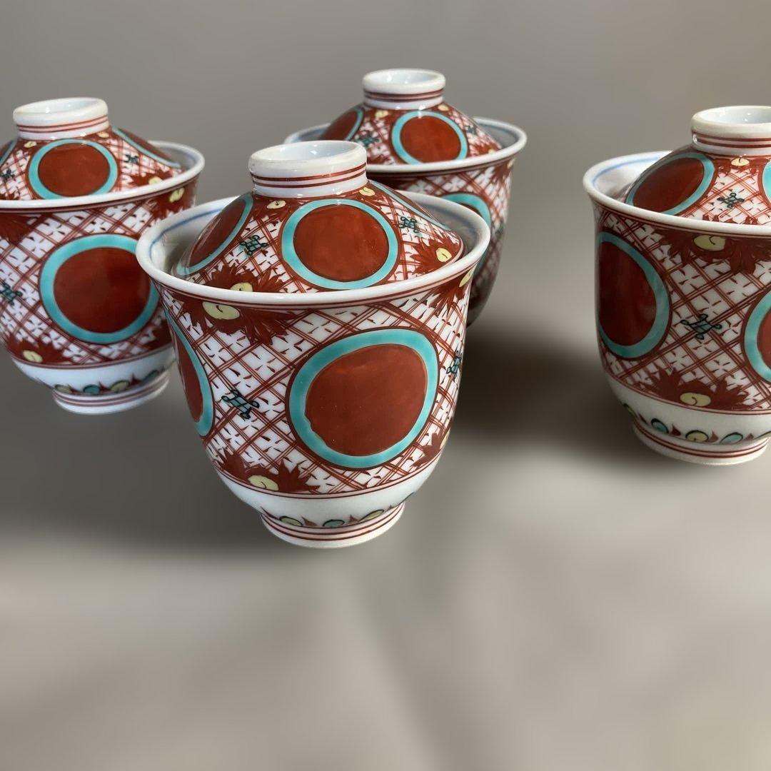 【源右衛門】古伊万里の伝統　日本の名窯　舘林源右衛門作　錦赤絵丸紋　小吸物碗四客