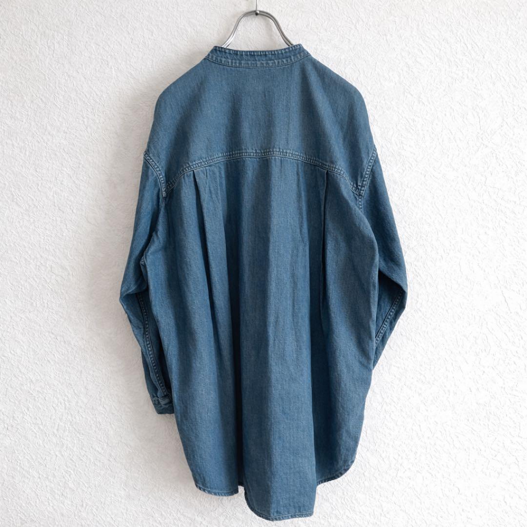 定価3.08万 ビアズリー ノーカラーデニムシャツ ブルー オーバーサイズ 春