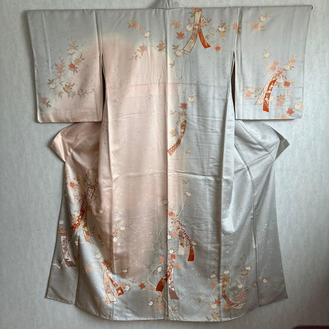 正絹　訪問着　短冊柄　　　　　　　　　　　　ブルーグレーとピンクグラデーション