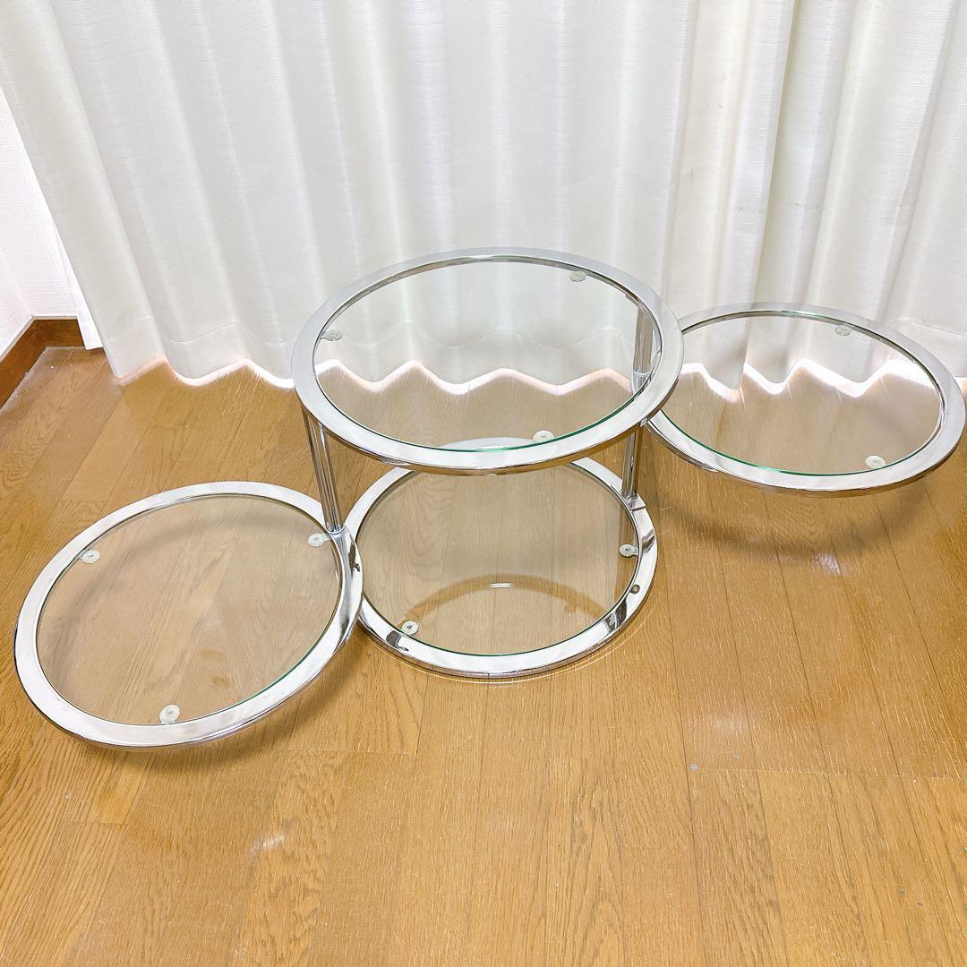 ミッドセンチュリー ラウンドテーブル 可変式 4段 強化ガラス