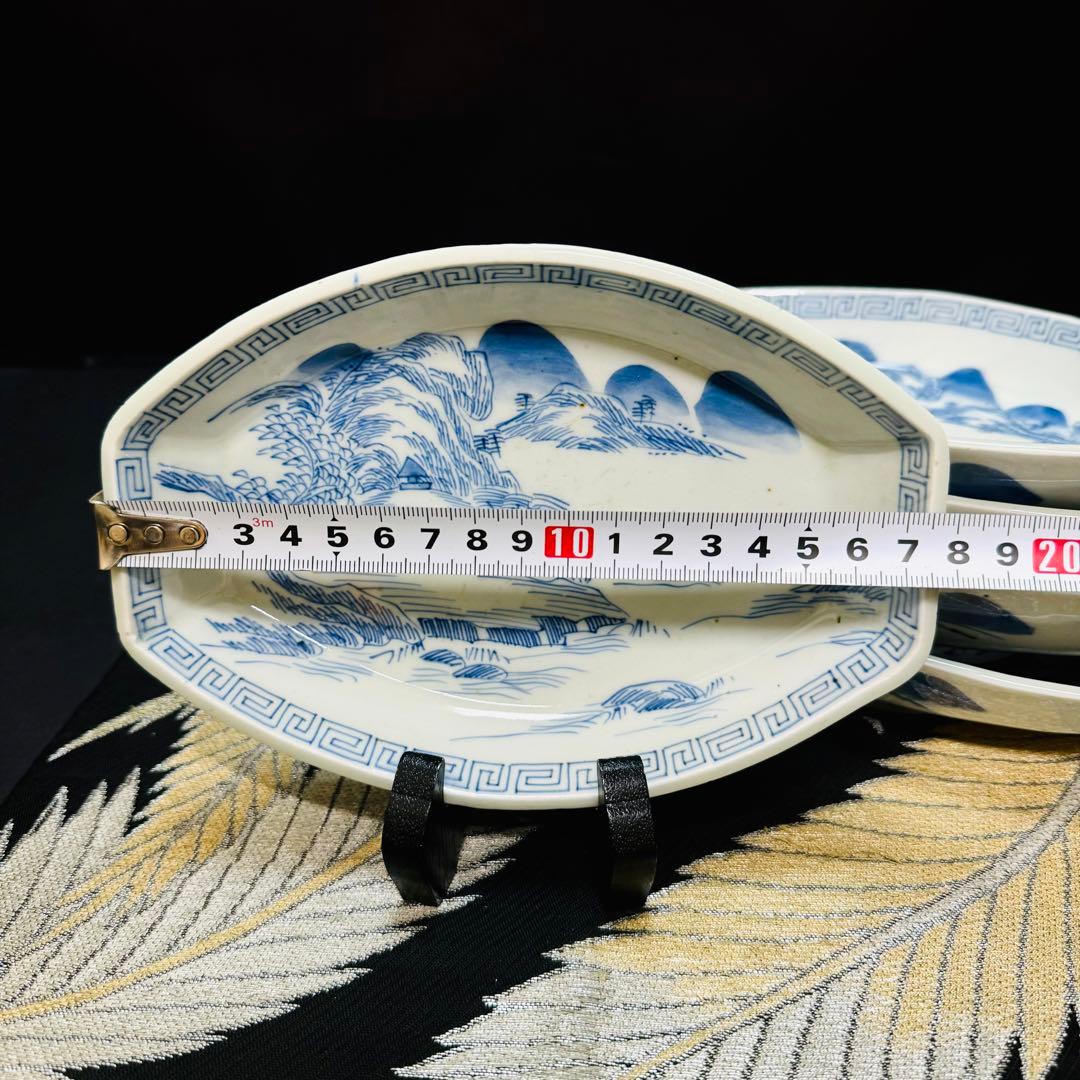 有田焼　古伊万里　染付山水絵　船形　皿　 5客　江戸期　時代物