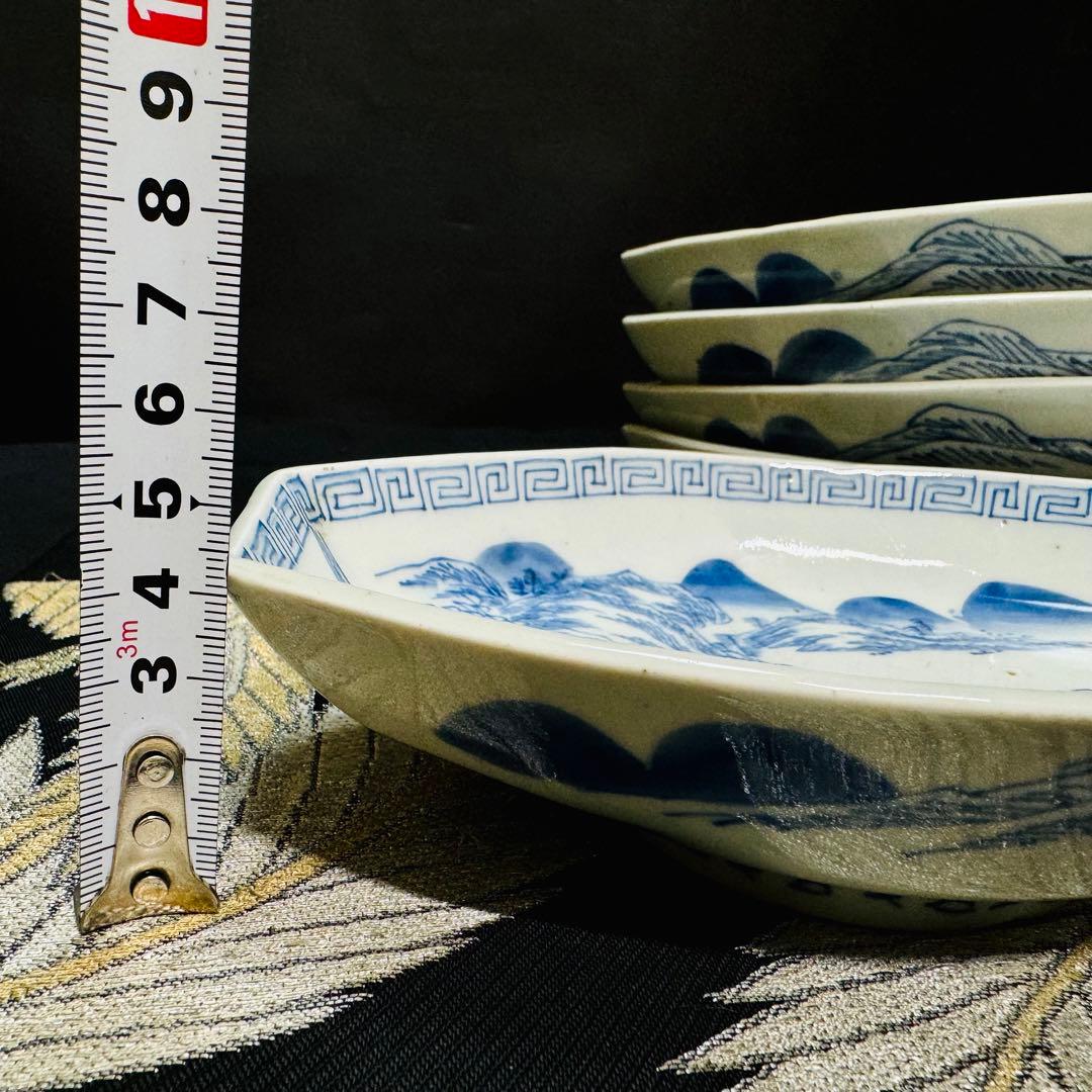 有田焼　古伊万里　染付山水絵　船形　皿　 5客　江戸期　時代物