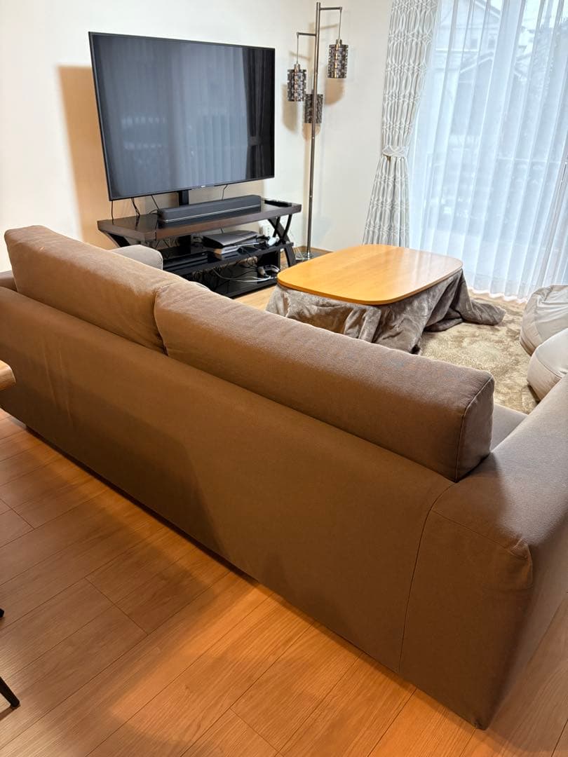 MUJIウレタンポケットコイルソファ 3S 脚セット洗いざらしの綿帆布 ブラウン