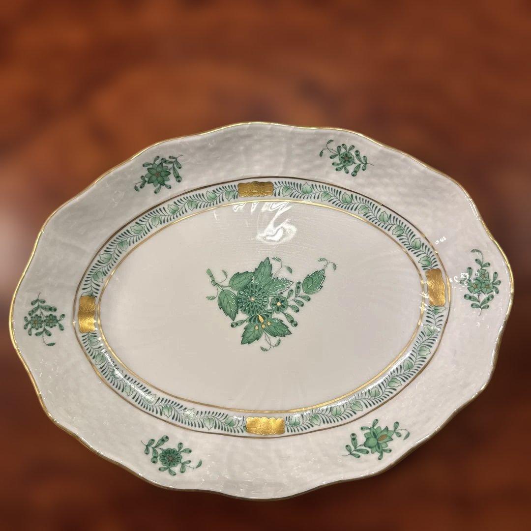 未使用ヘレンドHEREND アポニーグリーン　ケーキ皿　変形プレート　No.1