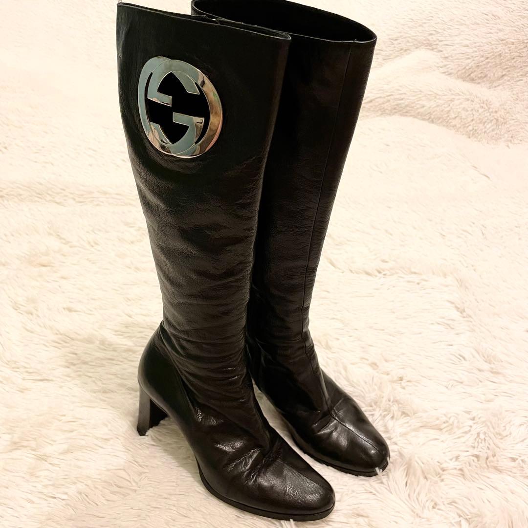 良品 GUCCI グッチ インターロッキング GG ロングブーツ 黒 レザー