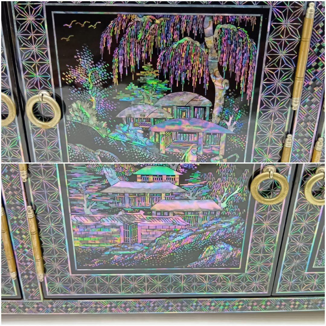 韓国民芸家具 高級 螺鈿細工 黒漆塗り 豪華収 サイドボード+飾り棚 4点セット