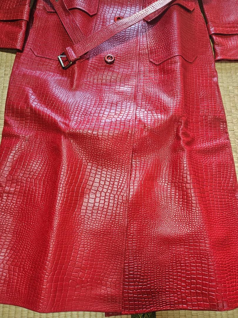 値下げ致します。メンズ赤レザークロコダイル型押しロングチェスターコートXXL
