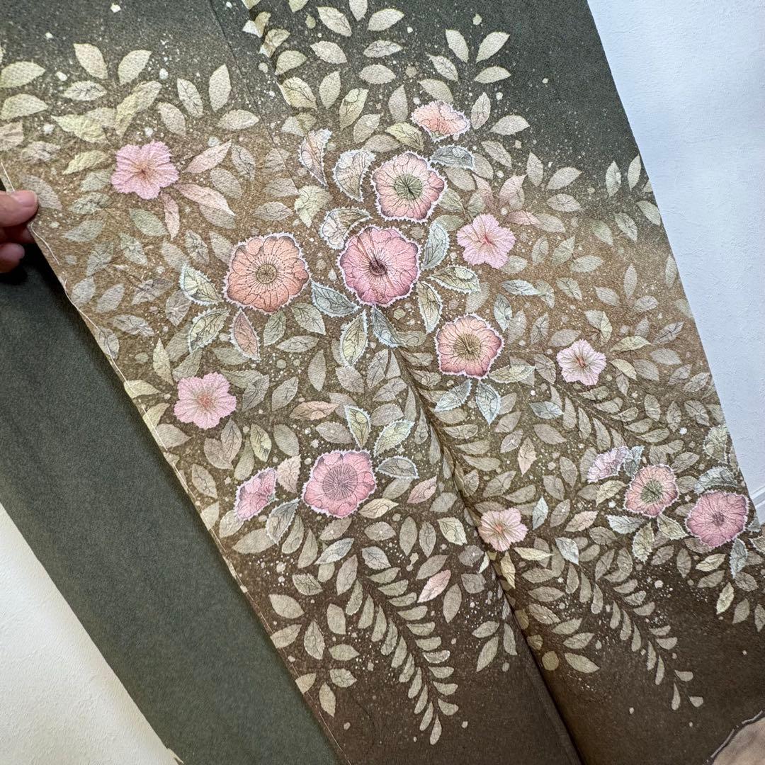 しつけ付き　正絹　袷　現代　広襟　訪問着　着物　辻ヶ花　紋無　深緑　156裄64