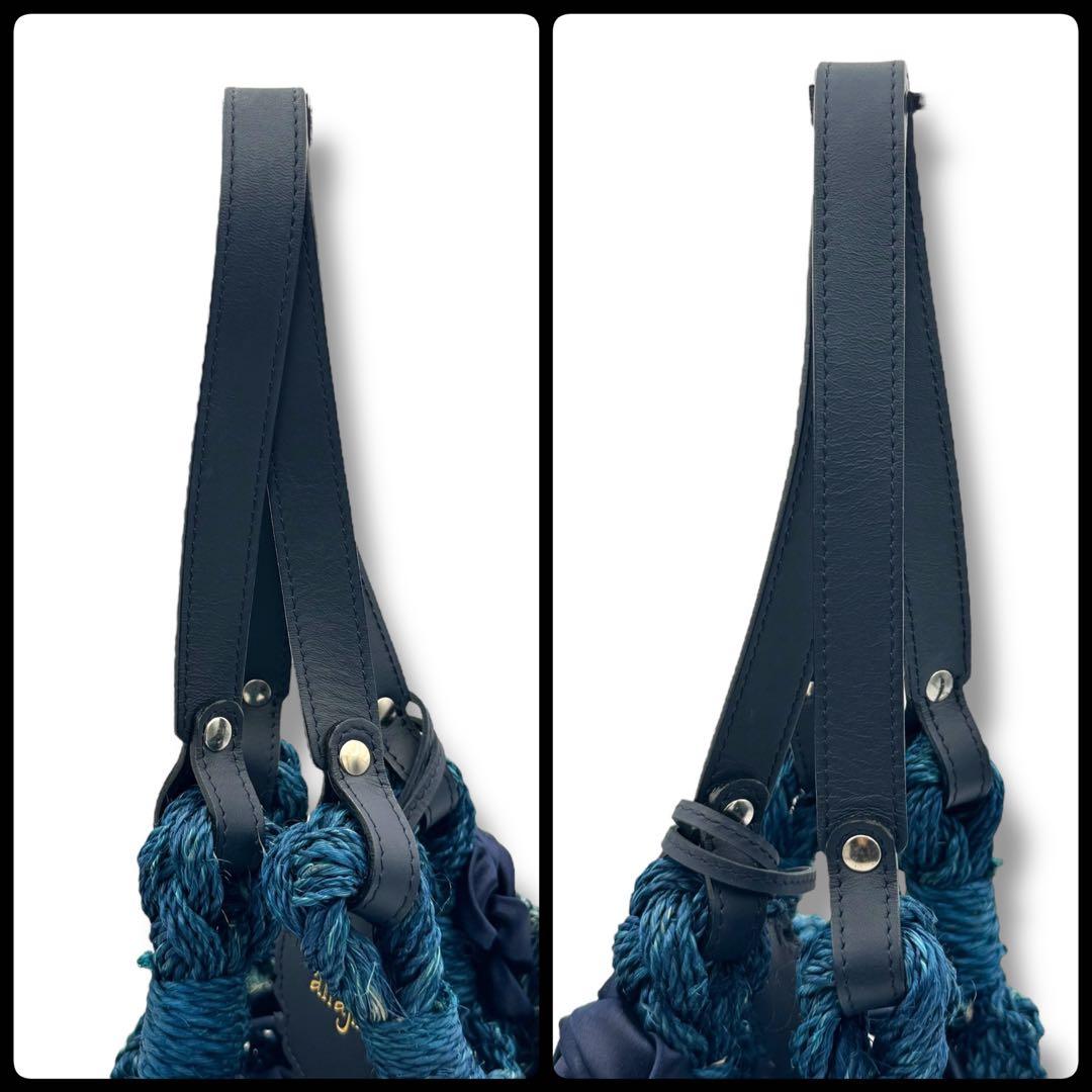 美品　アルファジル　かごバッグ　フラワーモチーフ　ブルー