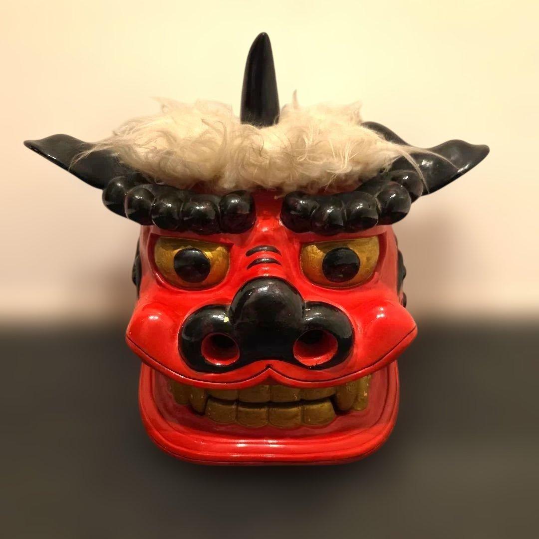旧家蔵出 大振 獅子頭 雄 木彫 獅子舞い 彫刻 朱塗 漆塗
