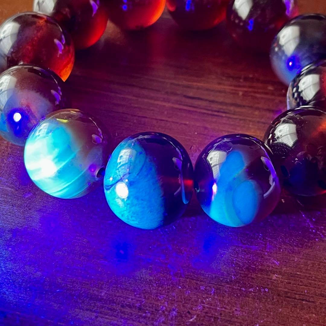 22mm 化石 琥珀 ブルー レッド アンバー 貴重 ブレスレット コレクション