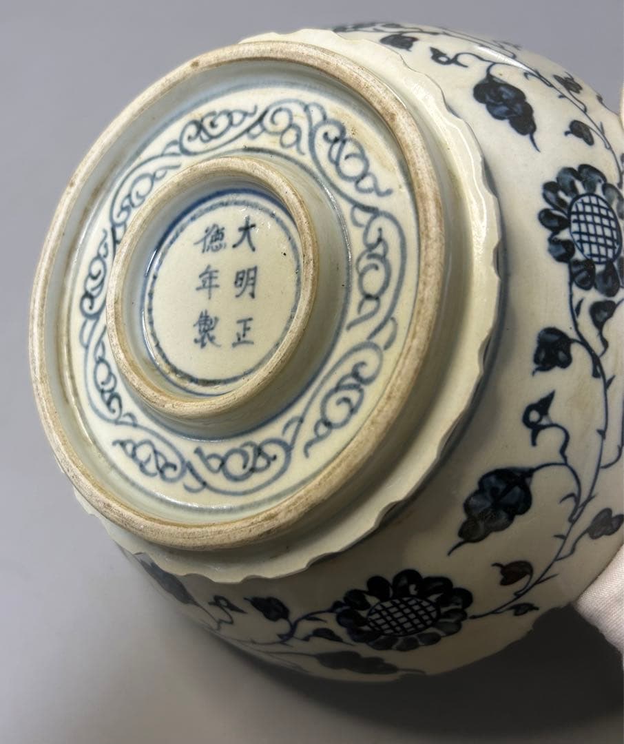 中国古陶器 青花磁器鳳紋 大明正德在銘　旧家蔵出し、古美術、縁起物、一点物ボウル
