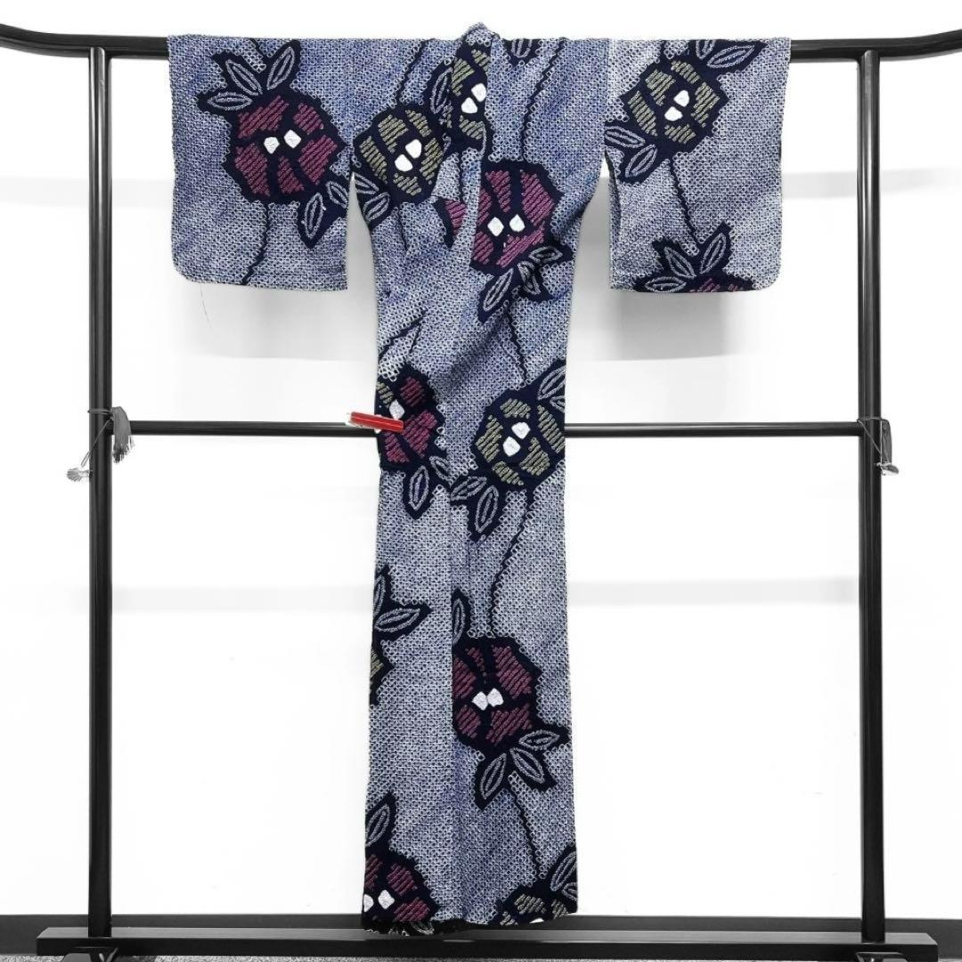 浴衣　有松鳴海絞り　花模様　流線　黄色　ピンク　着物　065w d