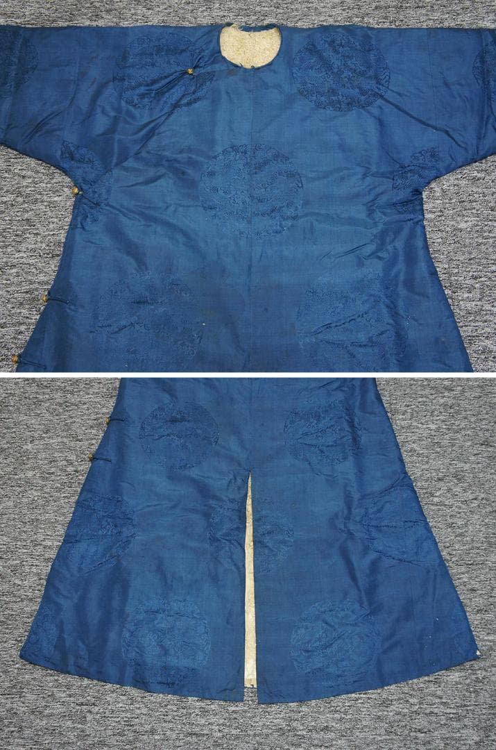 【織】　★ 織繍 藍色暗花綢羊皮常服袍 ★　清朝期　二龍戯珠 織綴文様　宮廷珍玩