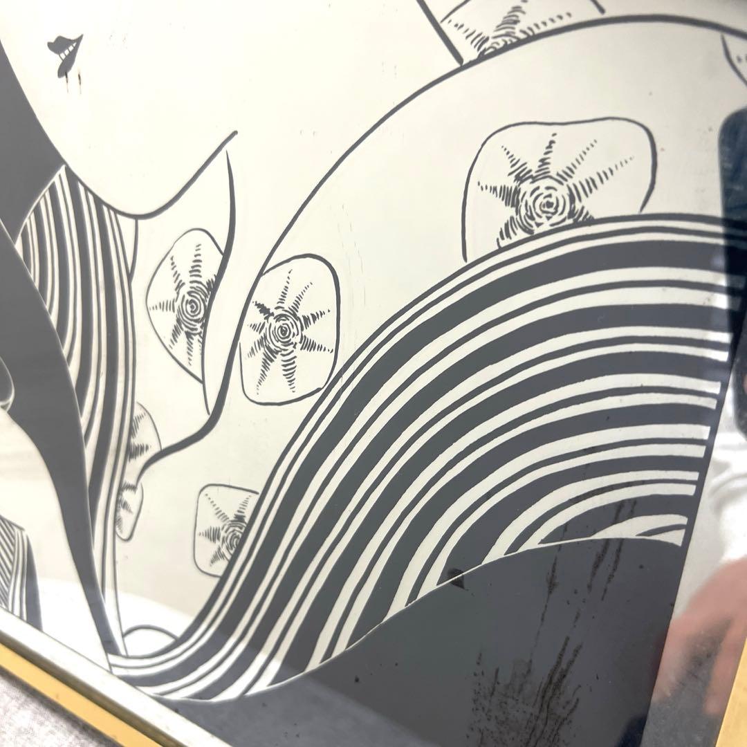 喜多川歌麿 パブミラー 浮世絵 女性と茶碗 金属製フレーム 鏡 壁掛け