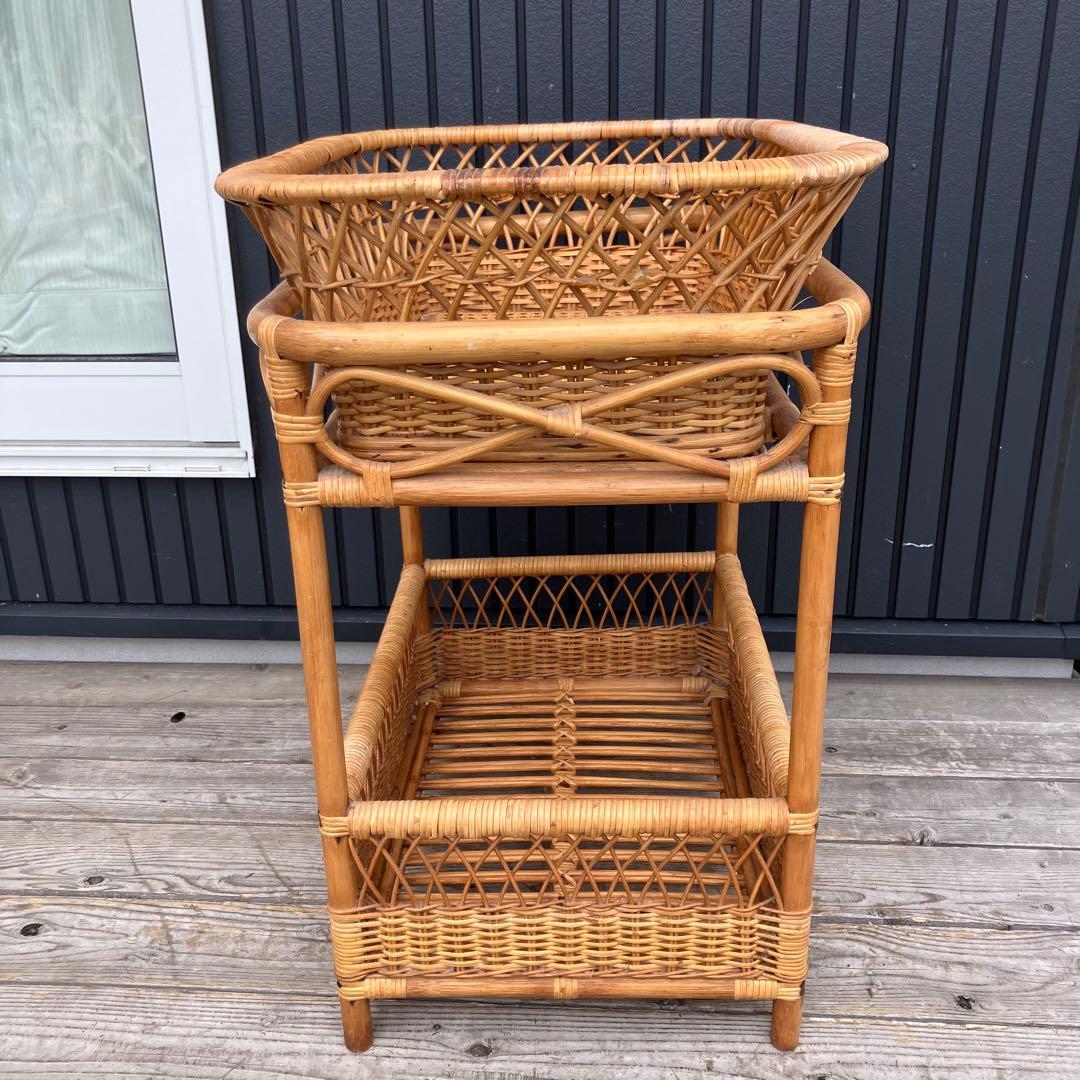昭和レトロ 古家具 ラタンランドリーラック 2段 脱衣かご 衣類収納 アジアン
