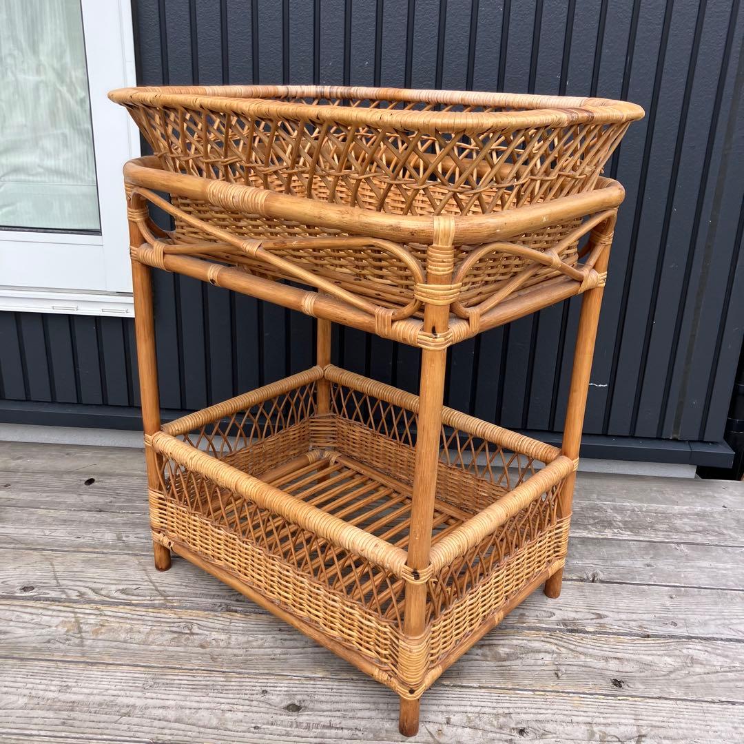 昭和レトロ 古家具 ラタンランドリーラック 2段 脱衣かご 衣類収納 アジアン