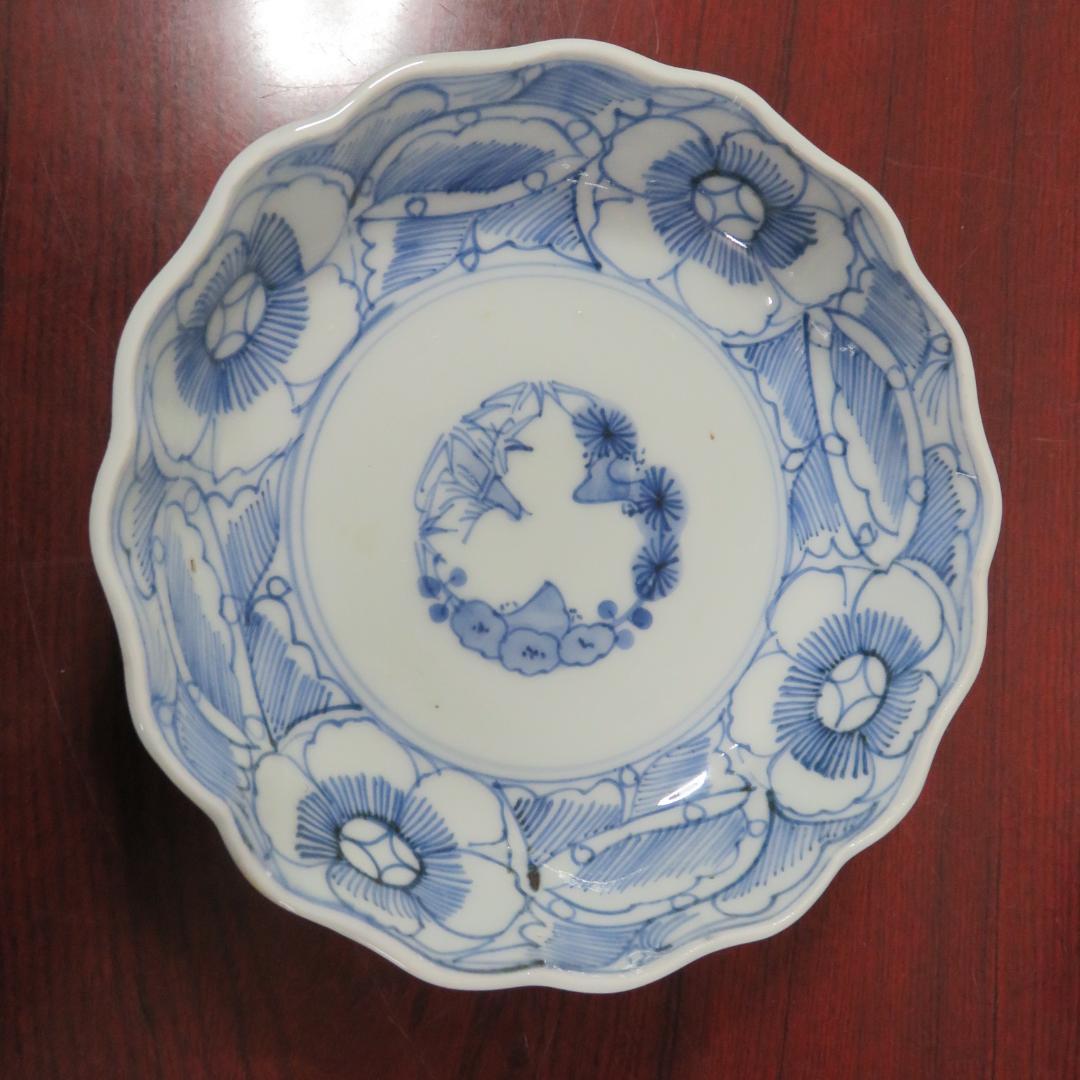 なます皿 染付 4枚 松竹梅 花 銘 窯傷 江戸
